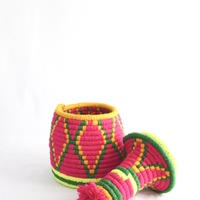 Berber Basket Handwoven Vintage Moroccan Wool Lidded Basket - Thumbnail 4