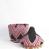   Berber Basket Handwoven Vintage Moroccan Wool Lidded Basket - Thumbnail 1