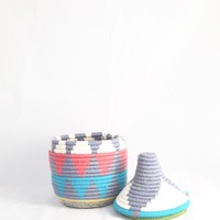 Berber Basket Handwoven Vintage Moroccan Wool Lidded Basket - Thumbnail 1