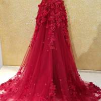Gorgeous A-line Burgundy Long Lace Applique Flowers Pearls Prom Evening Dresses Plus Size Illusion Back Evening Gowns RE16 - Thumbnail 1