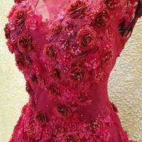Gorgeous A-line Burgundy Long Lace Applique Flowers Pearls Prom Evening Dresses Plus Size Illusion Back Evening Gowns RE16 - Thumbnail 3