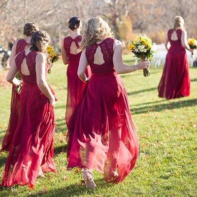 Full Length Keyhole Back Wine Red Vintage Lace Bridesmaid Dress