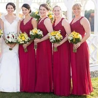 Full Length Keyhole Back Wine Red Vintage Lace Bridesmaid Dress - Thumbnail 1