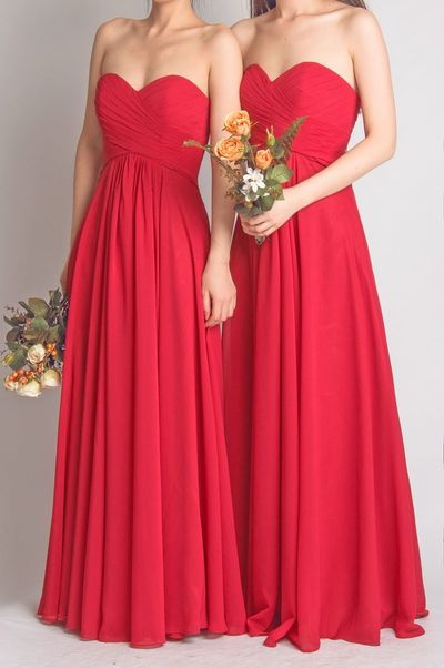 Floor Length Red Empire Bridesmaid Dress  