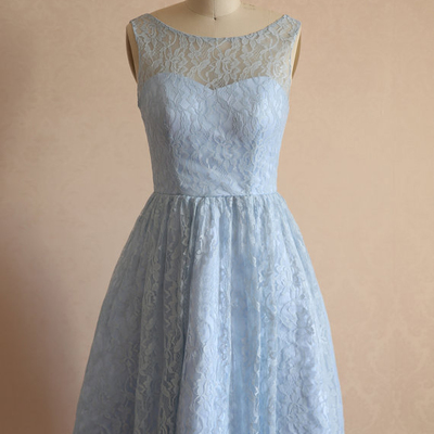 Knee length high quality french lace bridesmaid dress,ice blue lace homecoming dress