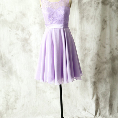 Knee length v-back lavender lace bridesmaid dress