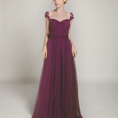 Full length cap sleeves purple tulle bridesmaid dress