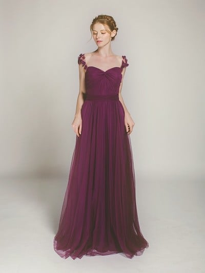 Full length Cap Sleeves Purple Tulle Bridesmaid Dress