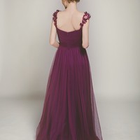 Full length Cap Sleeves Purple Tulle Bridesmaid Dress - Thumbnail 1