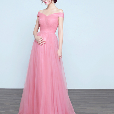 Off shoulder pink tulle pregnant bridesmaid dress, - Thumbnail 5
