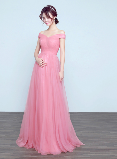 Off Shoulder Pink Tulle Pregnant Bridesmaid Dress,