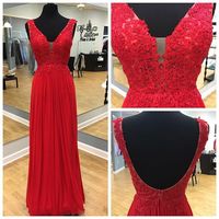 A line V-neckline Red Lace Prom Dress,Sexy Open Back Red Graduation Dress - Thumbnail 1