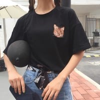Cute Cat embroidery t-shirt - Thumbnail 1