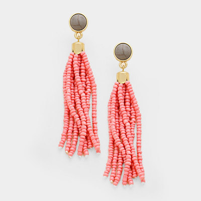 Grey marble & pink beaded tassel earrings