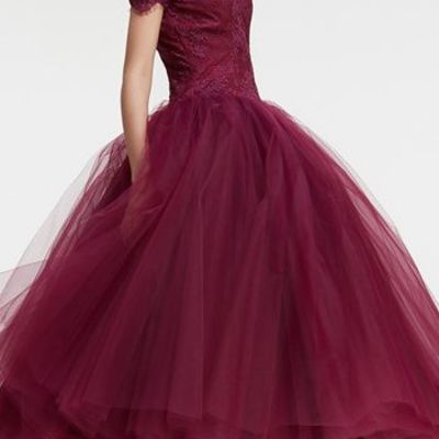 Tea length ball gown off shoulder sleeves burgundy tulle prom dress,burgundy homecoming dress,tea length sexy burgundy lace graduation dress