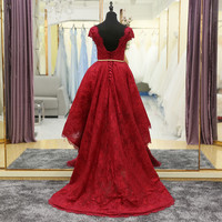 Elegant High Low Burgundy Lace Prom Evening Dresses Front Short Back Long Cap Sleeves Appliques Prom Party Dresses RE174 - Thumbnail 2