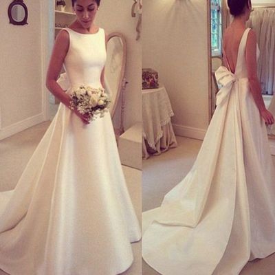 Simple v-back ivory satin wedding dress