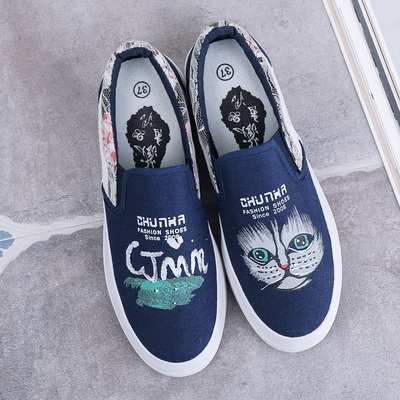 Cute cat cartoon hand painted canvas shoes