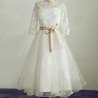 Tea length modest 3/4 long sleeves vintage lace wedding dress