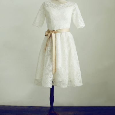 Knee length half sleeves vintage lace wedding dress