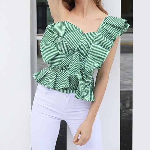 Green One Shoulder Ubiquitous Dress Shirts