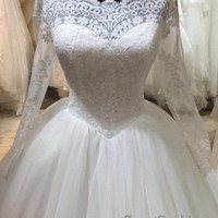 Ball Gown Long Sleeves High Quality Lace Wedding Dress - Thumbnail 3
