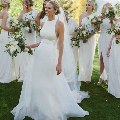 A line halter neckline sexy open back wedding dress