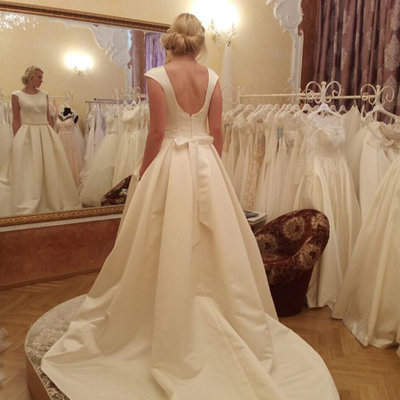 Low back cap sleeves ivory satin wedding dress