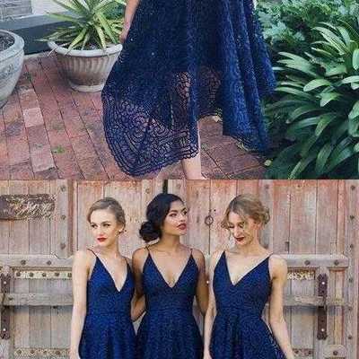 New arrival royal blue lace deep v neck bridesmaid dresses 