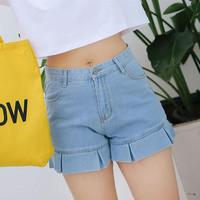 High Waist Ruffled Denim Short - Thumbnail 1