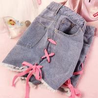 Pink Side Lace up Denim Short - Thumbnail 1