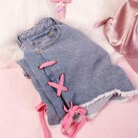Pink Side Lace up Denim Short - Thumbnail 2