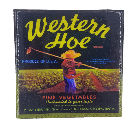 Western Hoe  - Vintage Vegetable Crate Label - Handmade Coaster