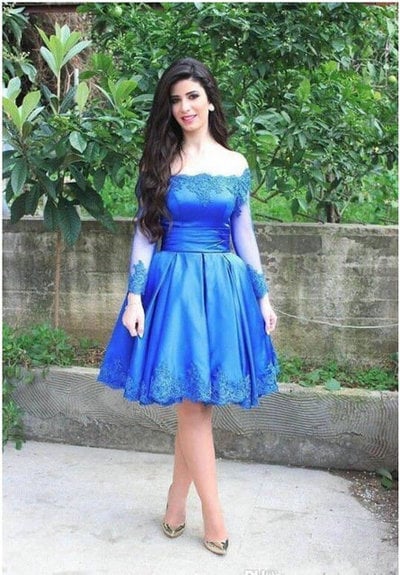 Short Prom Dress,Off Shoulder Long Sleeves Graduation Dress,Sexy Royal Blue Homecoming Dress