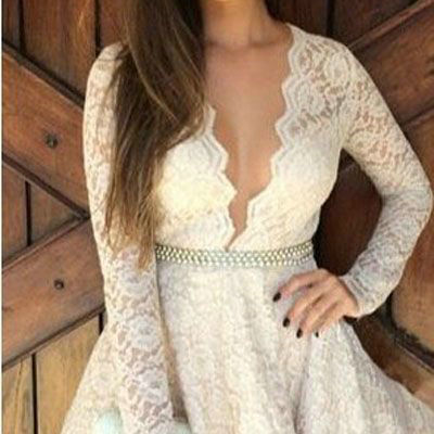 Long sleeves lace homecoming dress,knee length lace prom dress,long sleeves lace graduation dress
