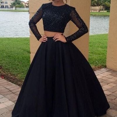 Two piece prom evening dresses 2017 black long sleeves a-line beading crystal satin prom party evening gowns e09