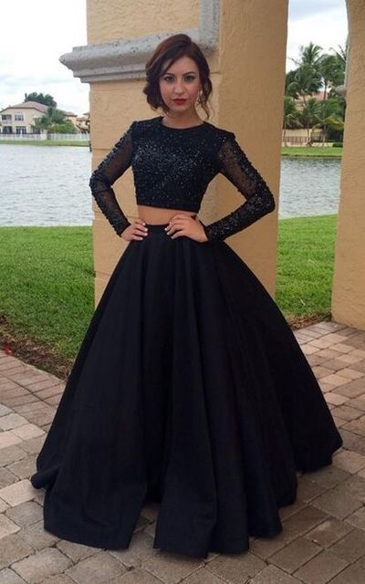 Two Piece Prom Evening Dresses 2017 Black Long Sleeves A-line Beading Crystal Satin Prom Party Evening Gowns E09