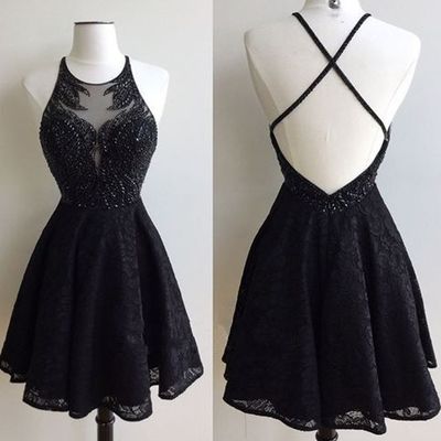 Black lace homecoming dress,open back homecoming dress,sexy open back black prom dress