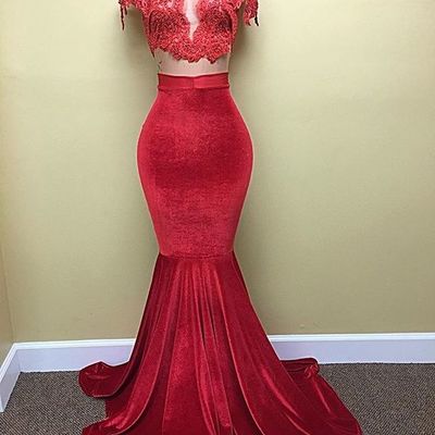 Two piece prom dresses sexy high neck cap sleeves lace velvet mermaid prom party dresses e13