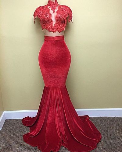 Two Piece Prom Dresses Sexy High Neck Cap Sleeves Lace Velvet Mermaid Prom Party Dresses E13