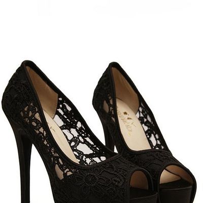 Eoooh black lace design peep toe high heels shoes