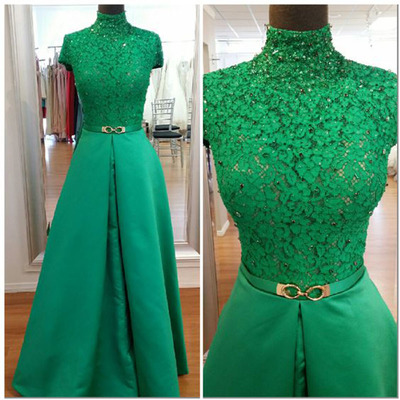 Vintage Prom Evening Dresses High Neck Short Sleeves Lace Appliques Beaded Prom Party Formal Gowns E18