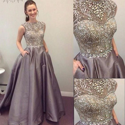 Luxury Heavy Beading Crystal Rhinestones Prom Party Dresses Long Lace Satin Prom Evening Gowns E19