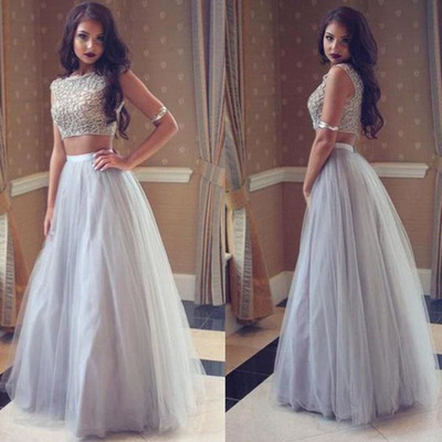 Two Piece Prom Dresses Sexy Tulle A-line Rhinestones Beaded Crystal Long Prom Evening Party Dress Plus Size E20