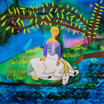 Small metallic print: the maiden and the unicorn