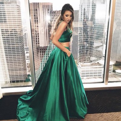 Two piece prom evening dress 2017 simple cheap satin spaghetti straps long prom party dresses with pockets e16