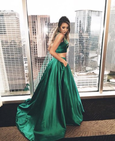 Two Piece Prom Evening Dress 2017 Simple Cheap Satin Spaghetti Straps Long Prom Party Dresses With Pockets E16