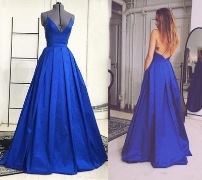 Sexy Backless Spaghetti Straps A-line Satin Prom Party Dresses Long Royal Blue Prom Evening Gowns E18