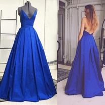 Sexy Backless Spaghetti Straps A-line Satin Prom Party Dresses Long Royal Blue Prom Evening Gowns E18