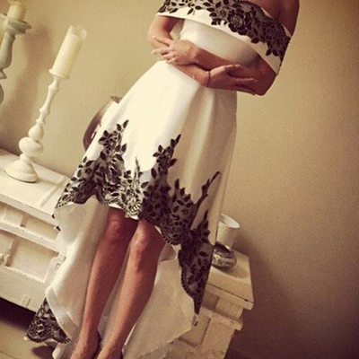 Simple off-shoulder high low lace prom dresses ivory & black prom evening gowns e19
